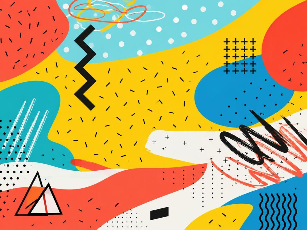 90s Memphis pop pattern wall mural with squiggles and dots