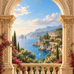 Trompe l'oeil stone arch with Amalfi coast sea view mural