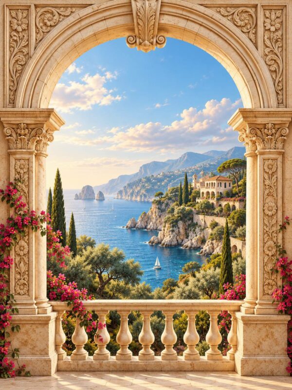 Trompe l'oeil stone arch with Amalfi coast sea view mural