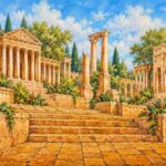 Ancient temple ruins and golden stone stairs landscape mural