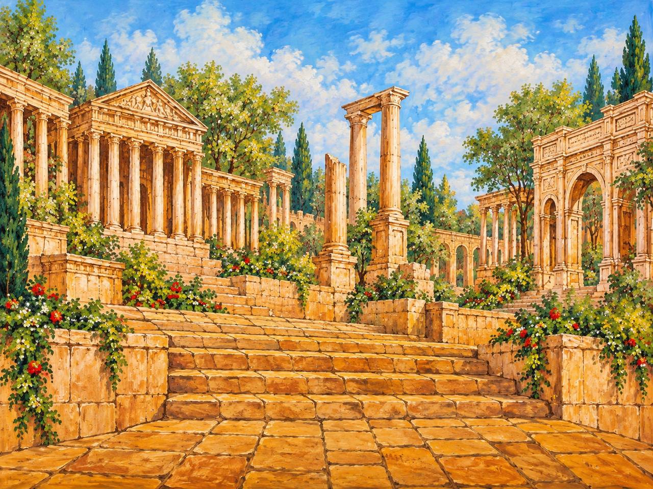 Ancient Ruins Garden Steps wall mural Ancient temple ruins and golden stone stairs landscape mural