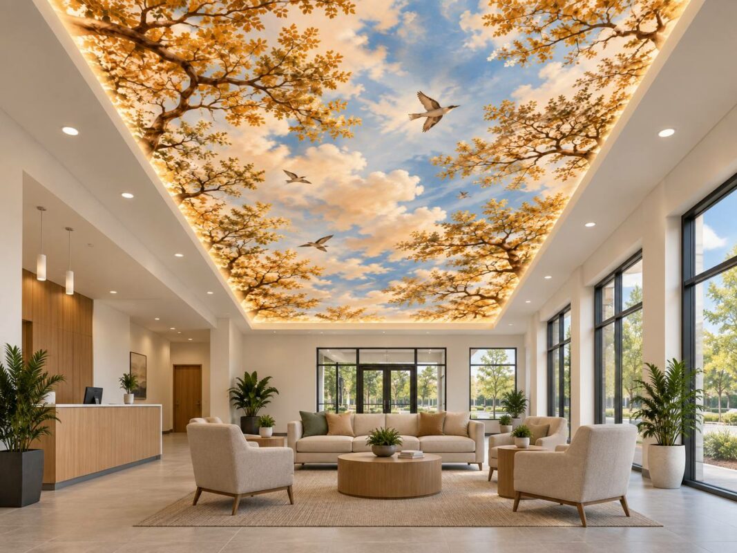 Autumn tree canopy and sky ceiling mural in hotel lobby
