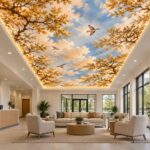Autumn tree canopy and sky ceiling mural in hotel lobby