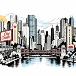 Black and white line art city skyline mural with red accents