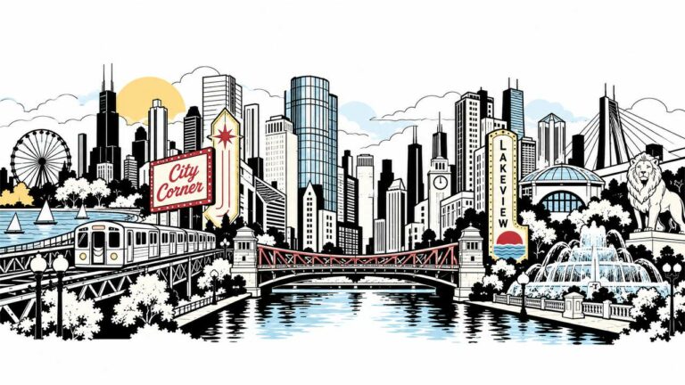 Black and white line art city skyline mural with red accents