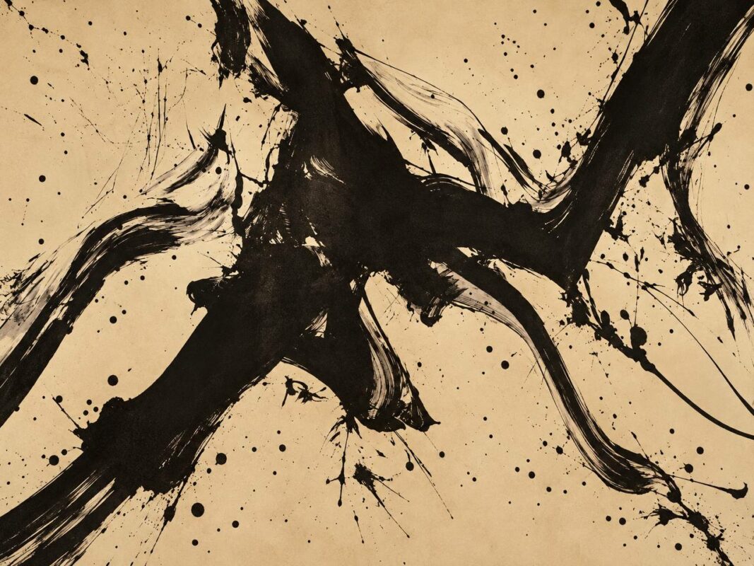 Black ink brushstroke abstract wall mural on warm parchment background