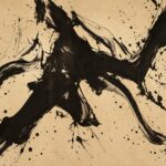 Black ink brushstroke abstract wall mural on warm parchment background