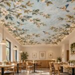 Blossom branches and birds sky ceiling mural in restaurant