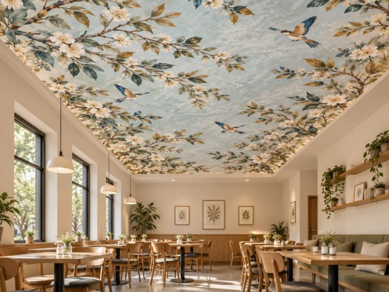 Blossom branches and birds sky ceiling mural in restaurant