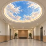 Trompe l'oeil sky ceiling mural in round dome of lobby corridor