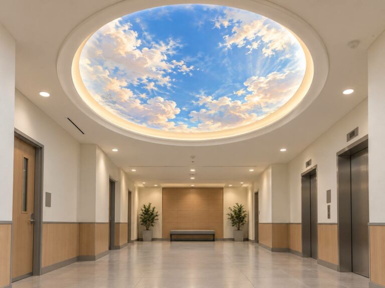 Trompe l'oeil sky ceiling mural in round dome of lobby corridor