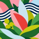Bold botanical cut-out shapes mural in pink, green and navy