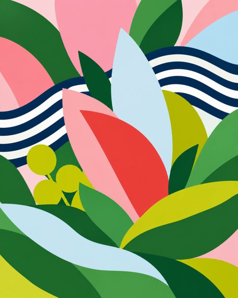 Bold botanical cut-out shapes mural in pink, green and navy