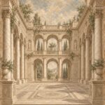 Trompe l'oeil classical palace courtyard mural in sepia tones