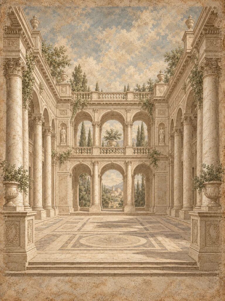 Trompe l'oeil classical palace courtyard mural in sepia tones