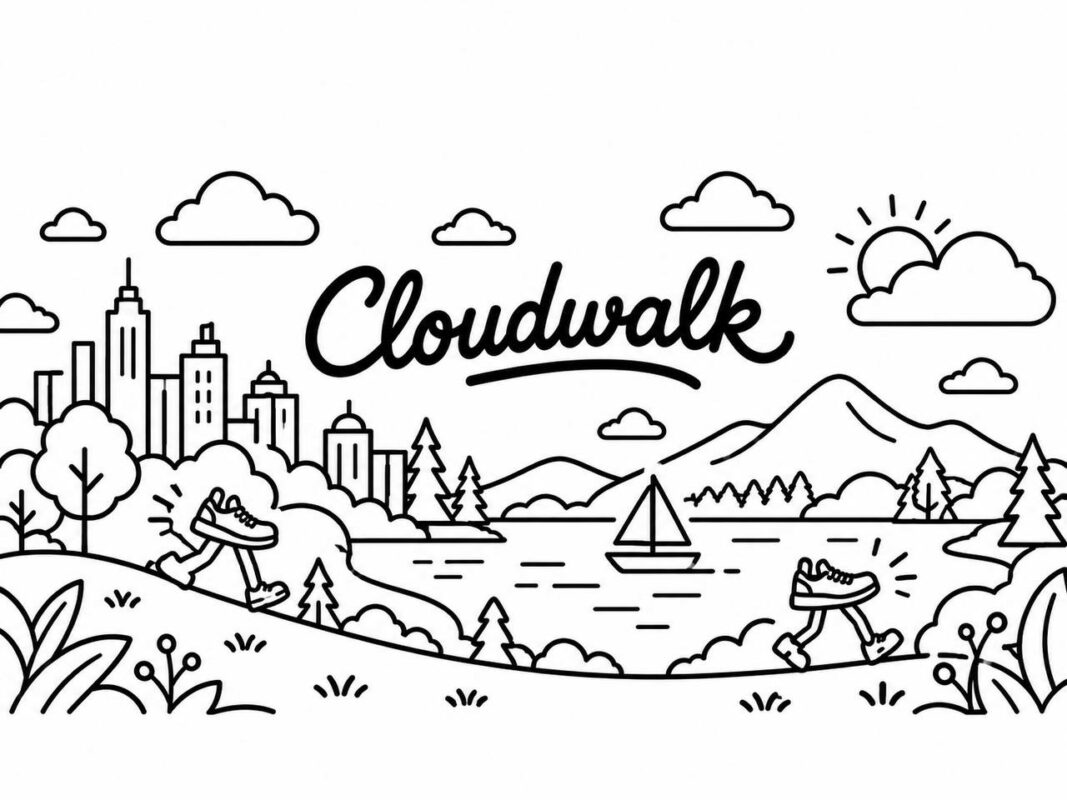 Minimalist line art brand mural with city and sneakers