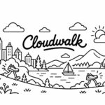 Minimalist line art brand mural with city and sneakers