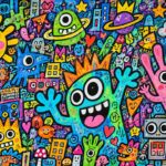 Colorful doodle monsters and robots wall mural for kids