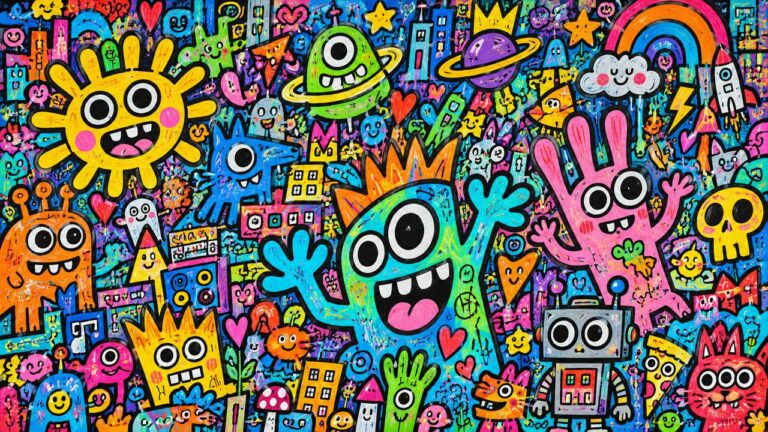 Colorful doodle monsters and robots wall mural for kids