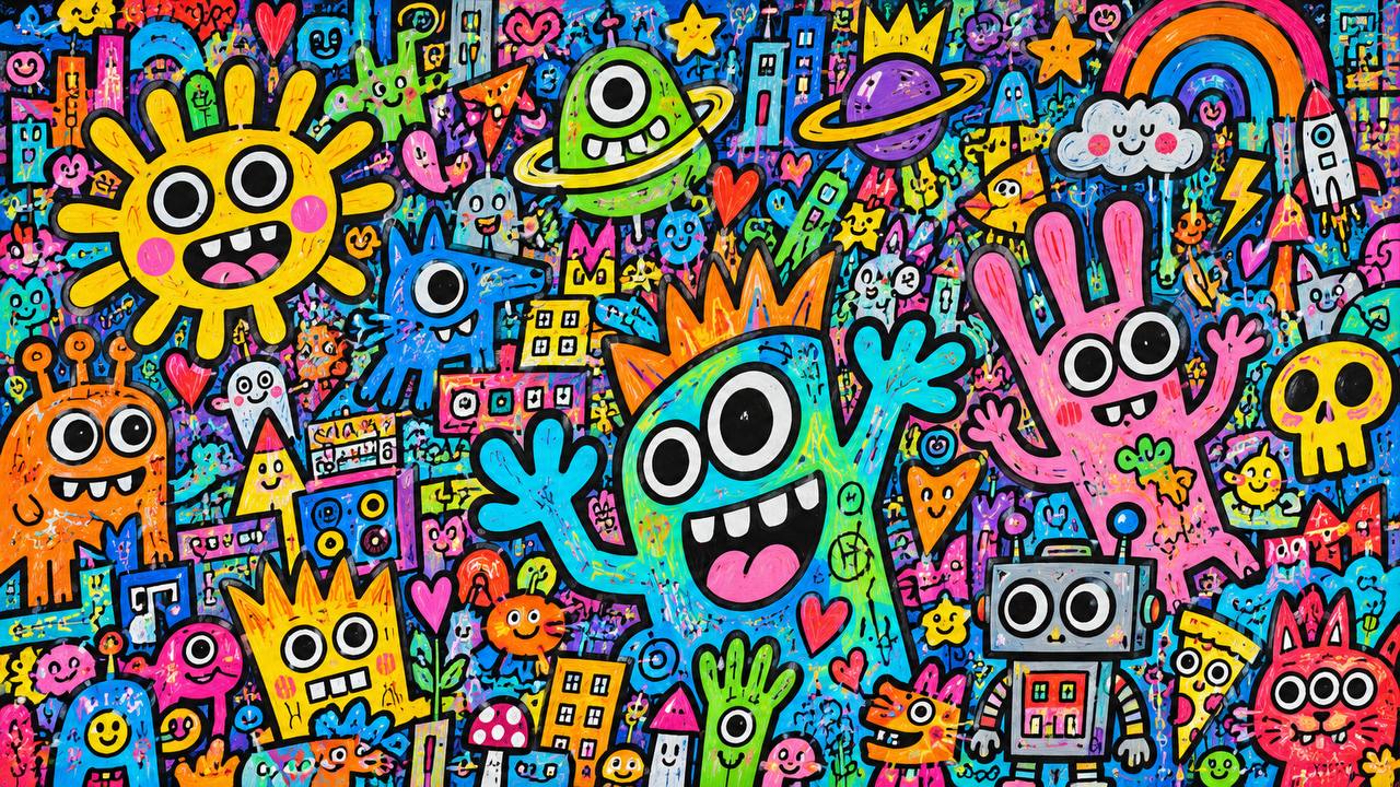 Colorful doodle monsters and robots wall mural for kids