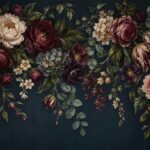 Dark floral garland mural with burgundy roses on navy background