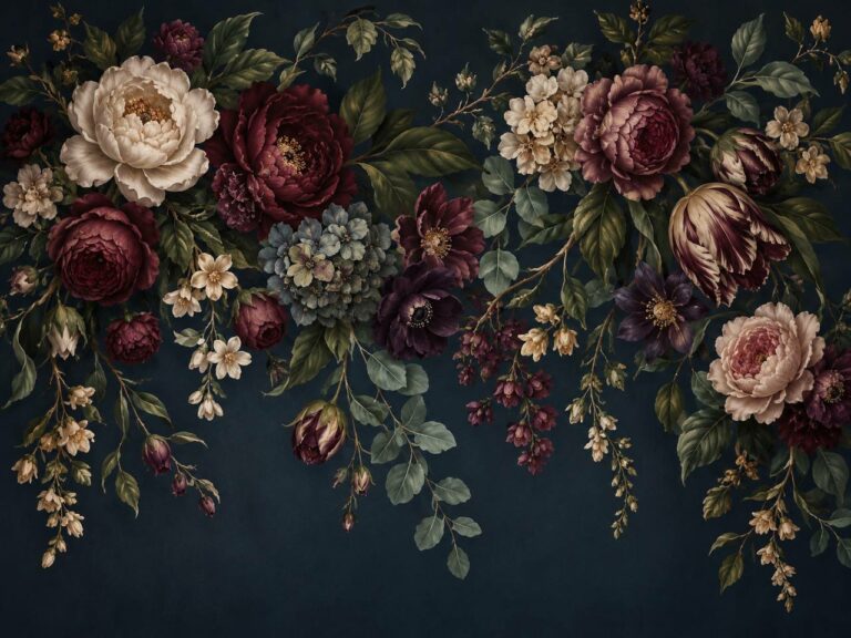 Dark floral garland mural with burgundy roses on navy background