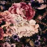 Dark moody floral wall mural with pink peonies on black background
