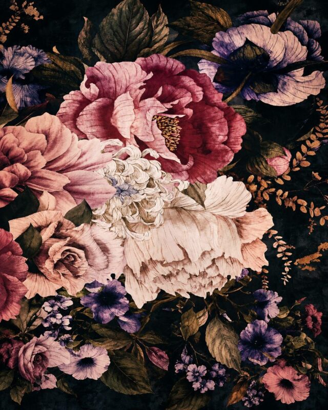 Dark moody floral wall mural with pink peonies on black background
