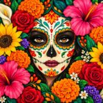 Day of the Dead sugar skull portrait mural with flowers
