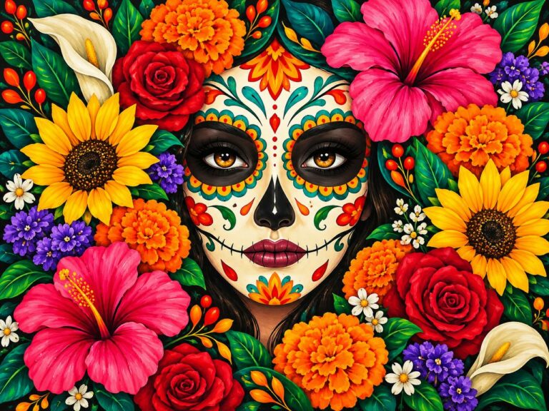 Day of the Dead sugar skull portrait mural with flowers