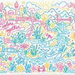 Colorful continuous line art mural Explore together