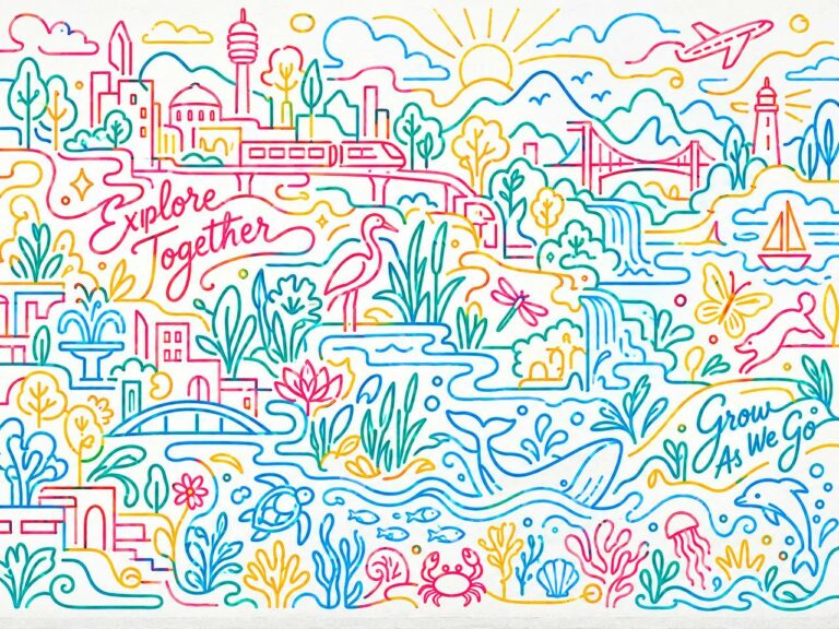 Colorful continuous line art mural Explore together