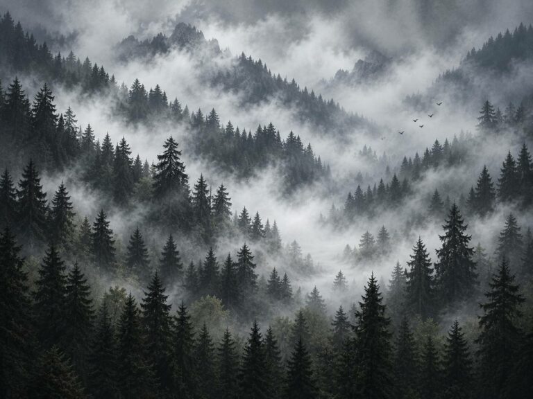 Foggy pine forest monochrome wall mural