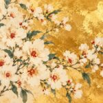 White cherry blossoms on gold textured wall mural