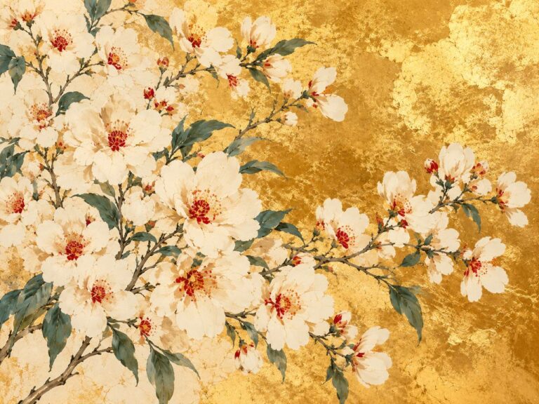 White cherry blossoms on gold textured wall mural