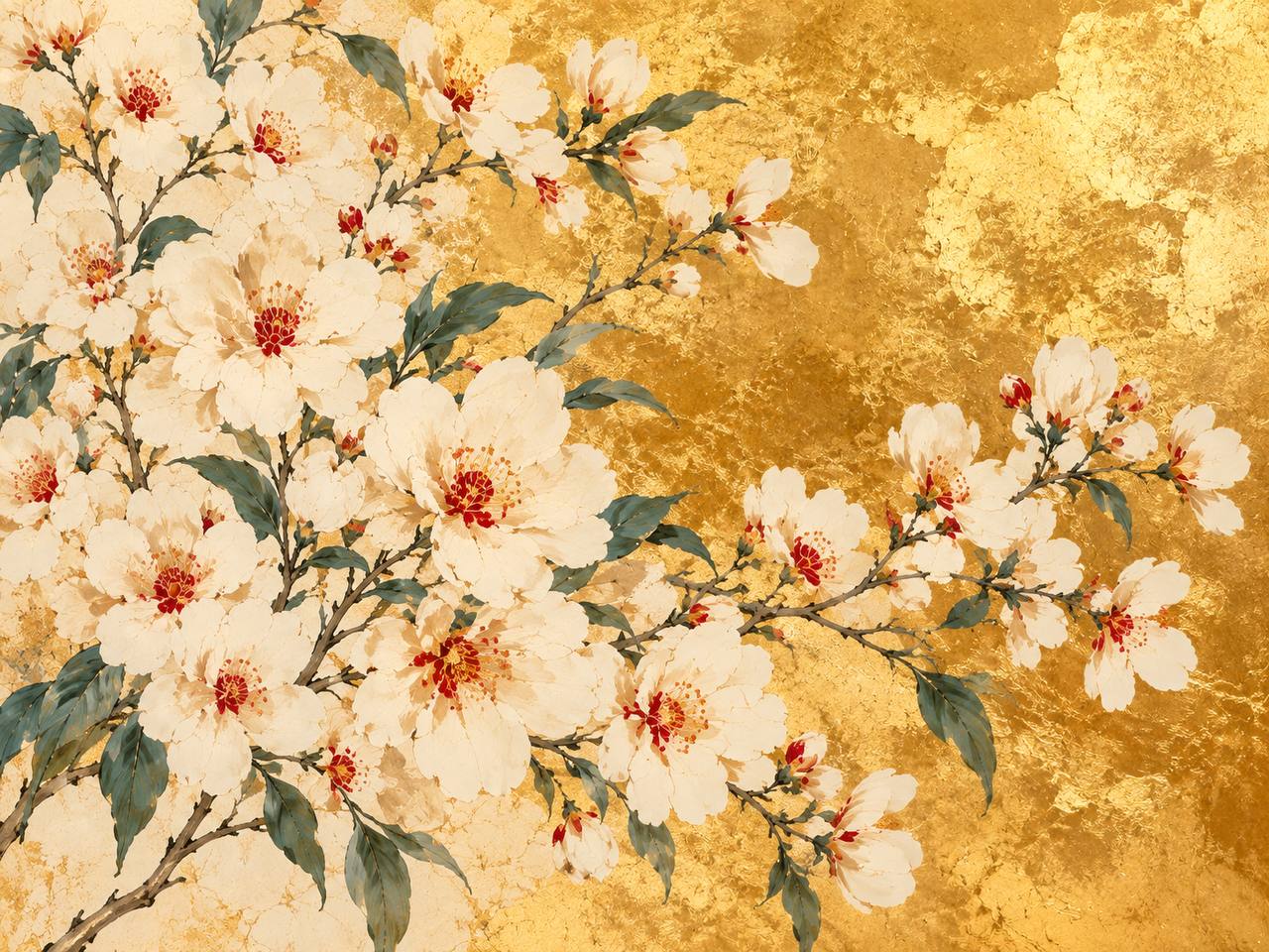 Golden Cherry Blossom wall mural White cherry blossoms on gold textured wall mural