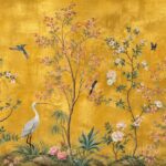 Golden chinoiserie mural with blossom trees and heron