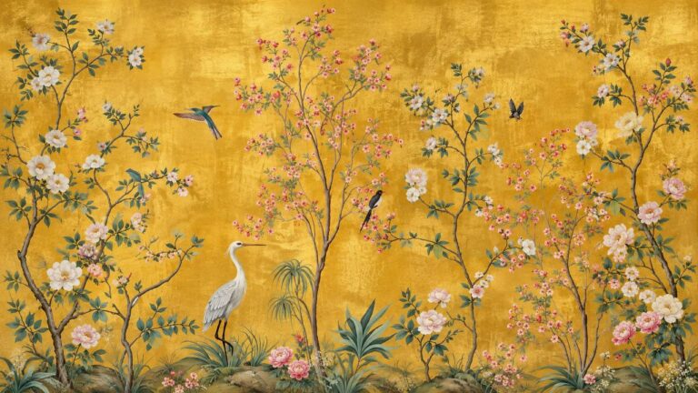 Golden chinoiserie mural with blossom trees and heron