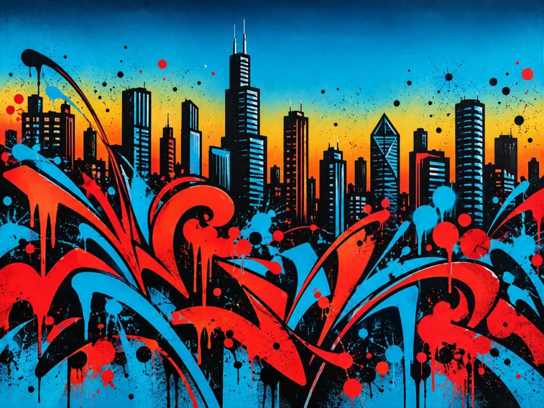 Graffiti street art mural with city skyline and paint splashes