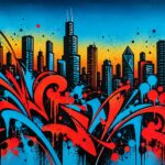 Graffiti street art mural with city skyline and paint splashes
