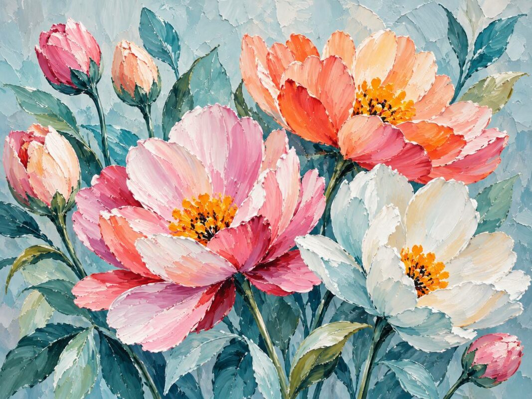 Impasto peonies and tulips floral wall mural