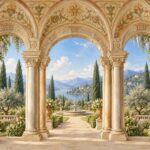 Trompe l'oeil Italian colonnade with garden view mural