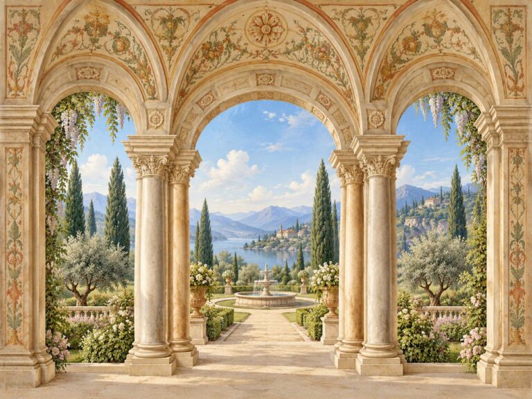 Trompe l'oeil Italian colonnade with garden view mural