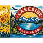 Brewery brand mural with Good Times Ahead lettering and lake badge