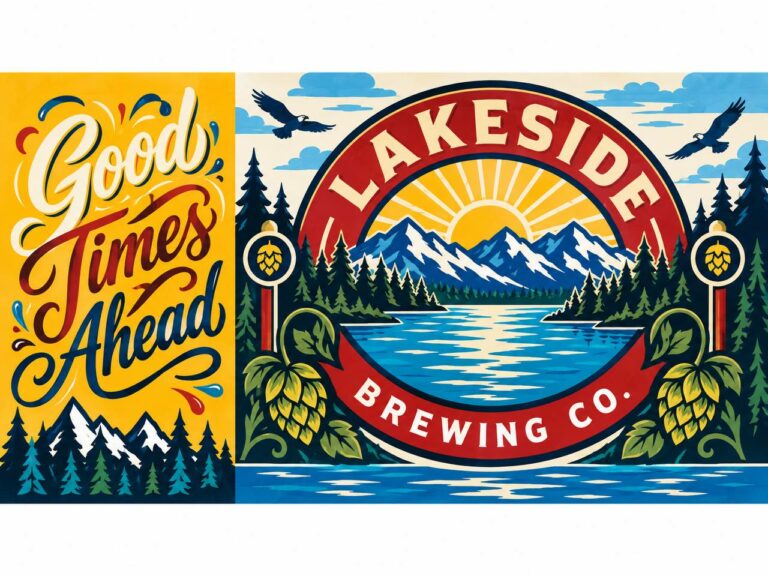 Brewery brand mural with Good Times Ahead lettering and lake badge