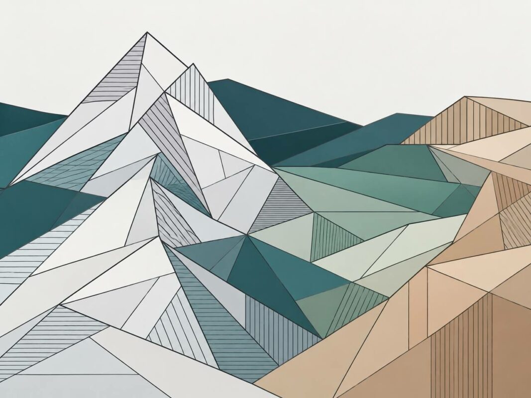 Low poly geometric mountains wall mural in teal and sand