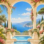 Mediterranean terrace arches with pool and sea view mural