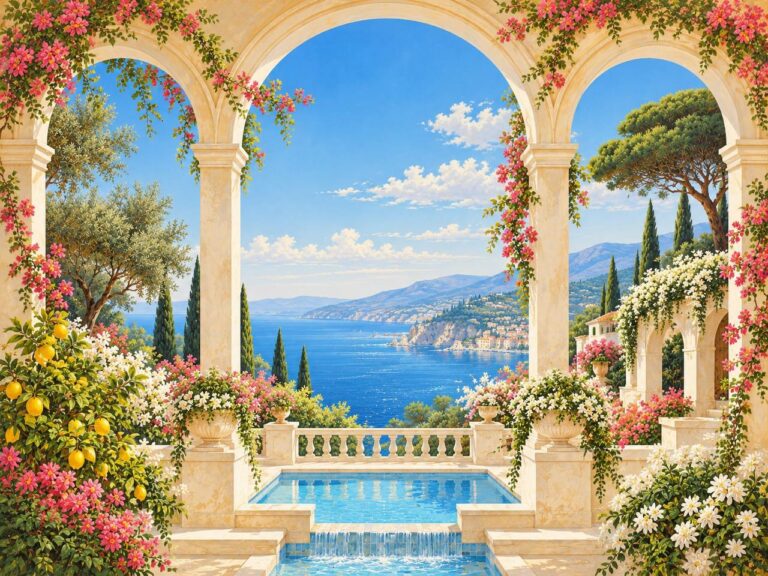 Mediterranean terrace arches with pool and sea view mural