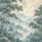 Misty blue forest toile style scenic wall mural
