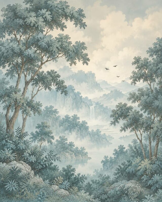 Misty blue forest toile style scenic wall mural